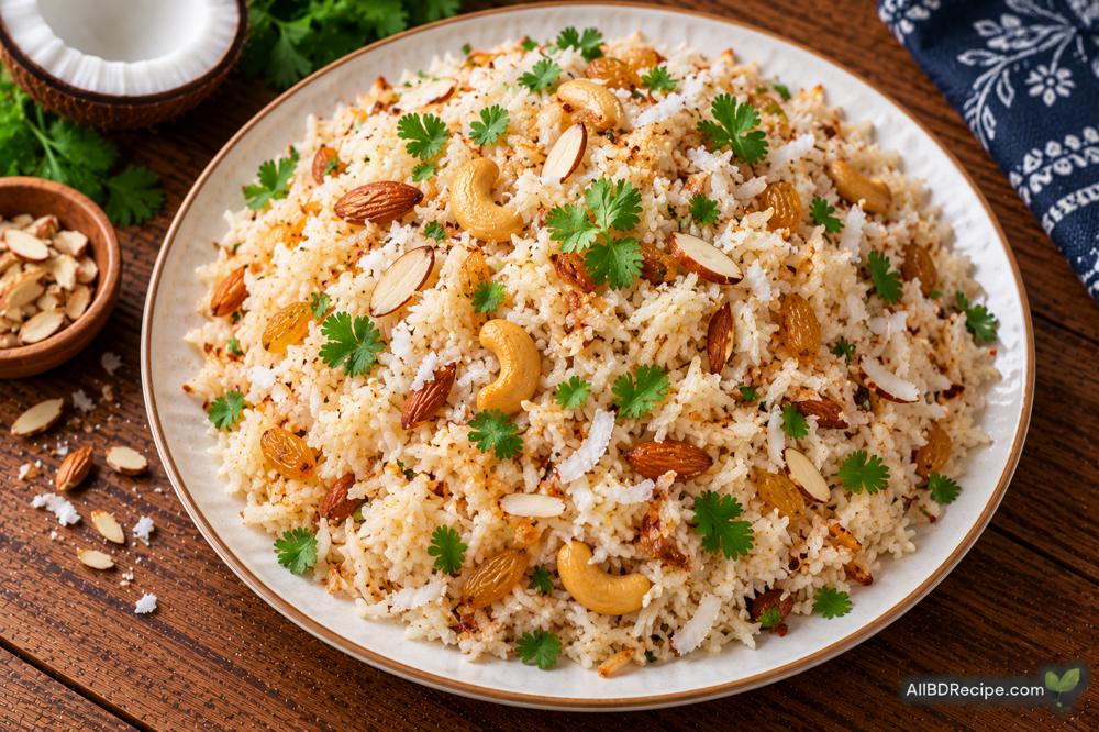 নারকেল ভাত: নারকেল ও বাদামে সুগন্ধি নিরামিষ পদ